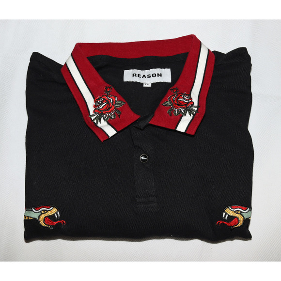 Reason Mens Short Sleeve Embroidered Rose Serpent Pearl Snap Polo Shirt Size 3XL - Picture 4 of 6
